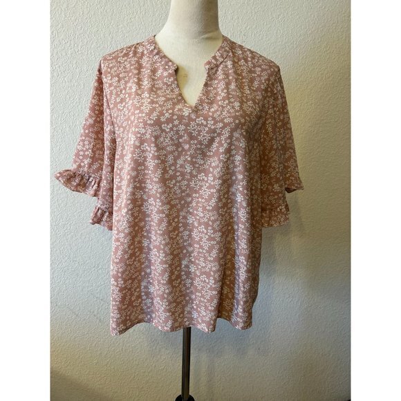 EUC Women's Shein Floral Print‎ Dusty Rose &  White Pullover Shirt Size Large - Picture 1 of 13